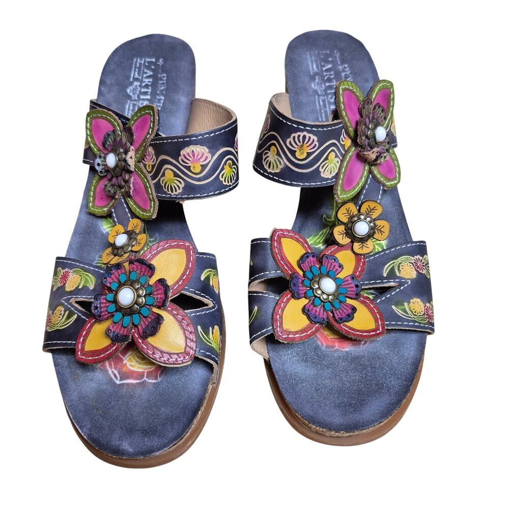 L'Artiste Haverb Blue Red Yellow Floral Stack Heel Sandals Shoes 41 US  9 1/2 10